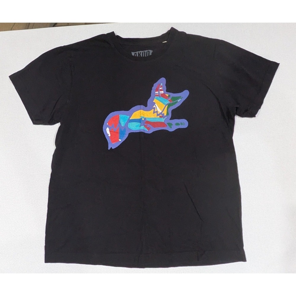 AKOO Graphic Tee Mens Large Black Excellent Patchwork Fox Streetwear T-Shirt